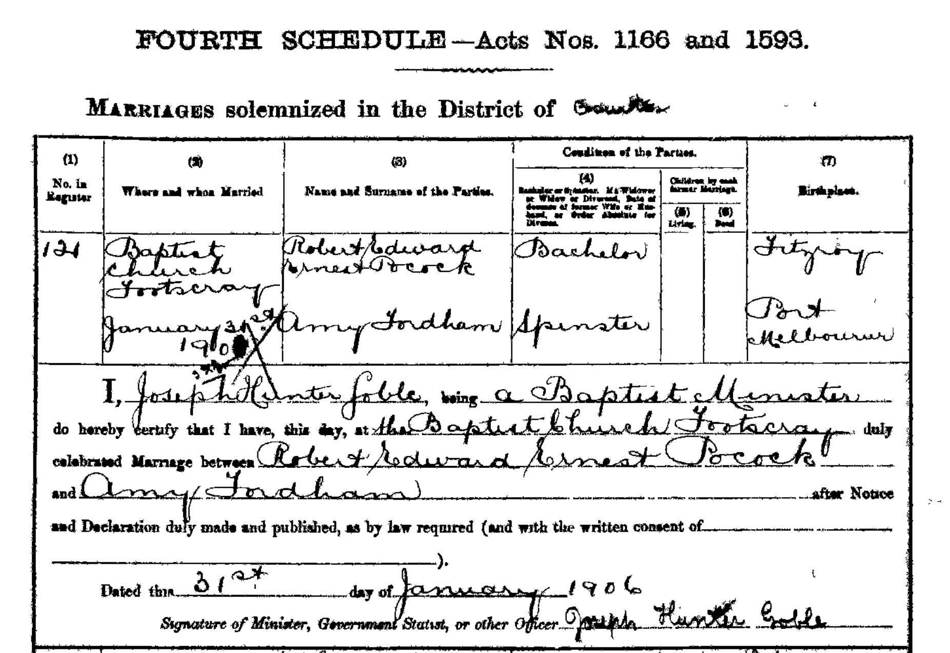Robert Ernest Edward Pocock, Amy Selina Fordham, marriage certificate, 1906, Charles Pocock, Elizabeth Winifred Pocock Parker