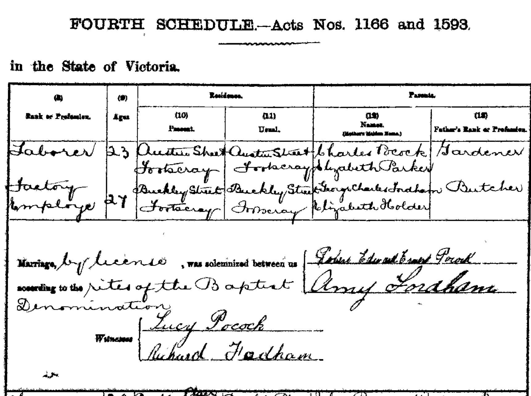 Robert Ernest Edward Pocock, Amy Selina Fordham, marriage certificate, 1882, Charles Pocock, Elizabeth Winifred Pocock Parker