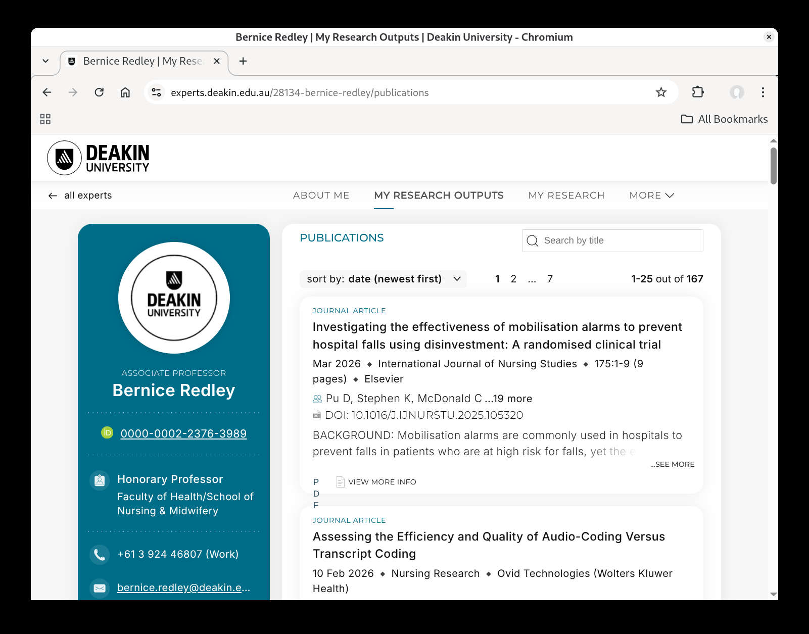 Bernice Redley, Recherche, Deakin