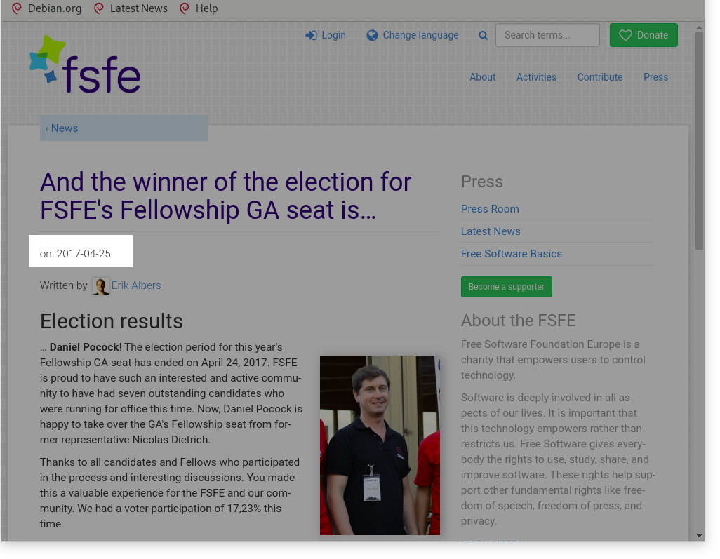 Daniel Pocock, FSFE, election, Fellowship